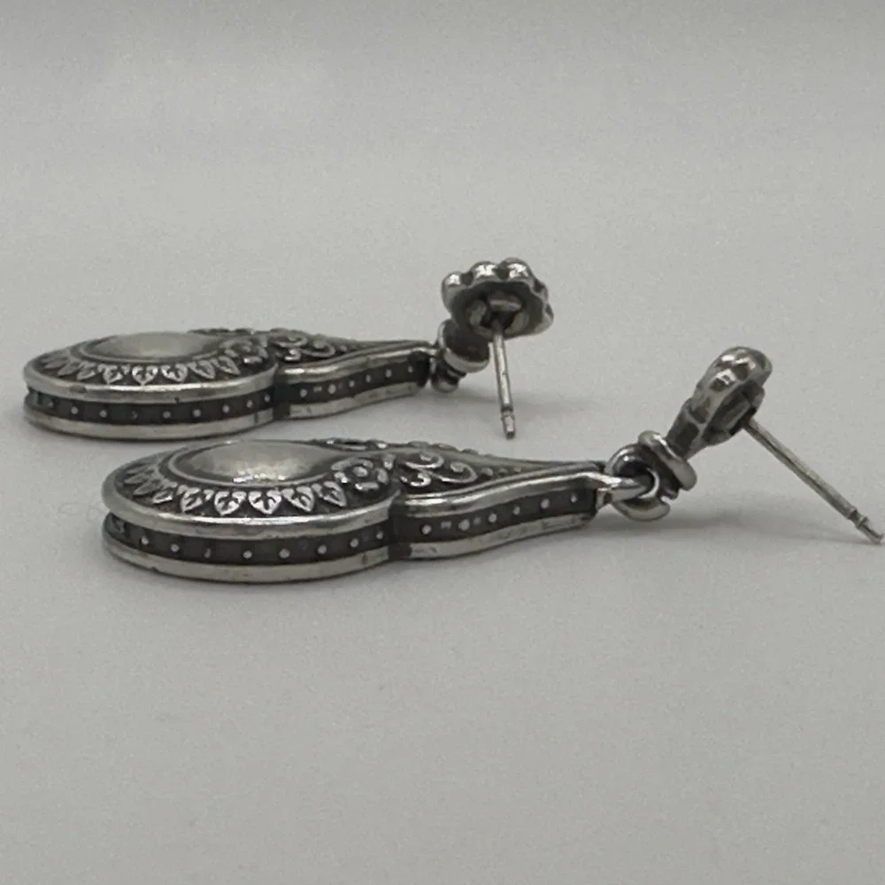 Brighton Earrings Silver Tone Scroll Teardrop Drop Fleur de Lis Post Retired